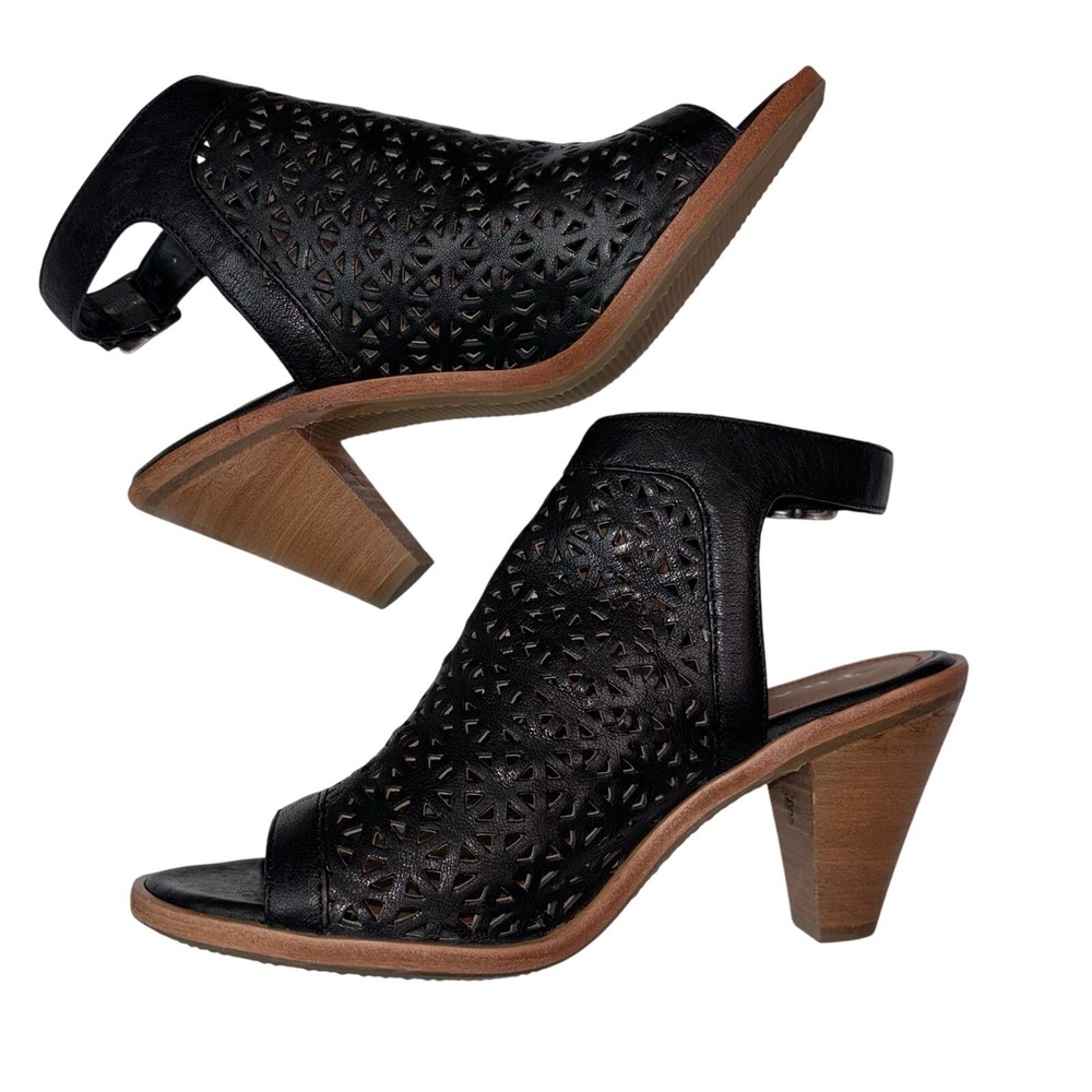 New Block Heel Leather Sandals Trask Womens 7.5 Black Leather Laser Cut NWOT - Picture 3 of 9